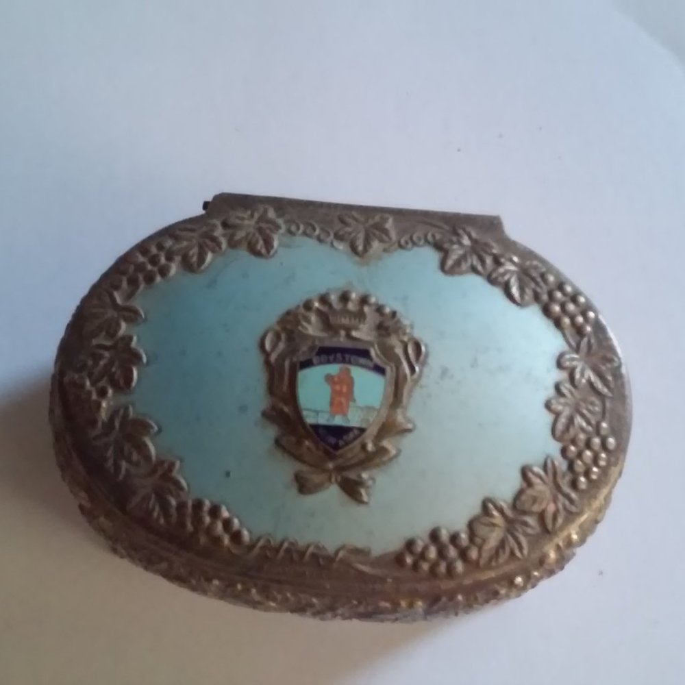 Vintage Oval Silver Jewelry Holder With Hinged Lid Worn Reads: Boystown Nebraska
